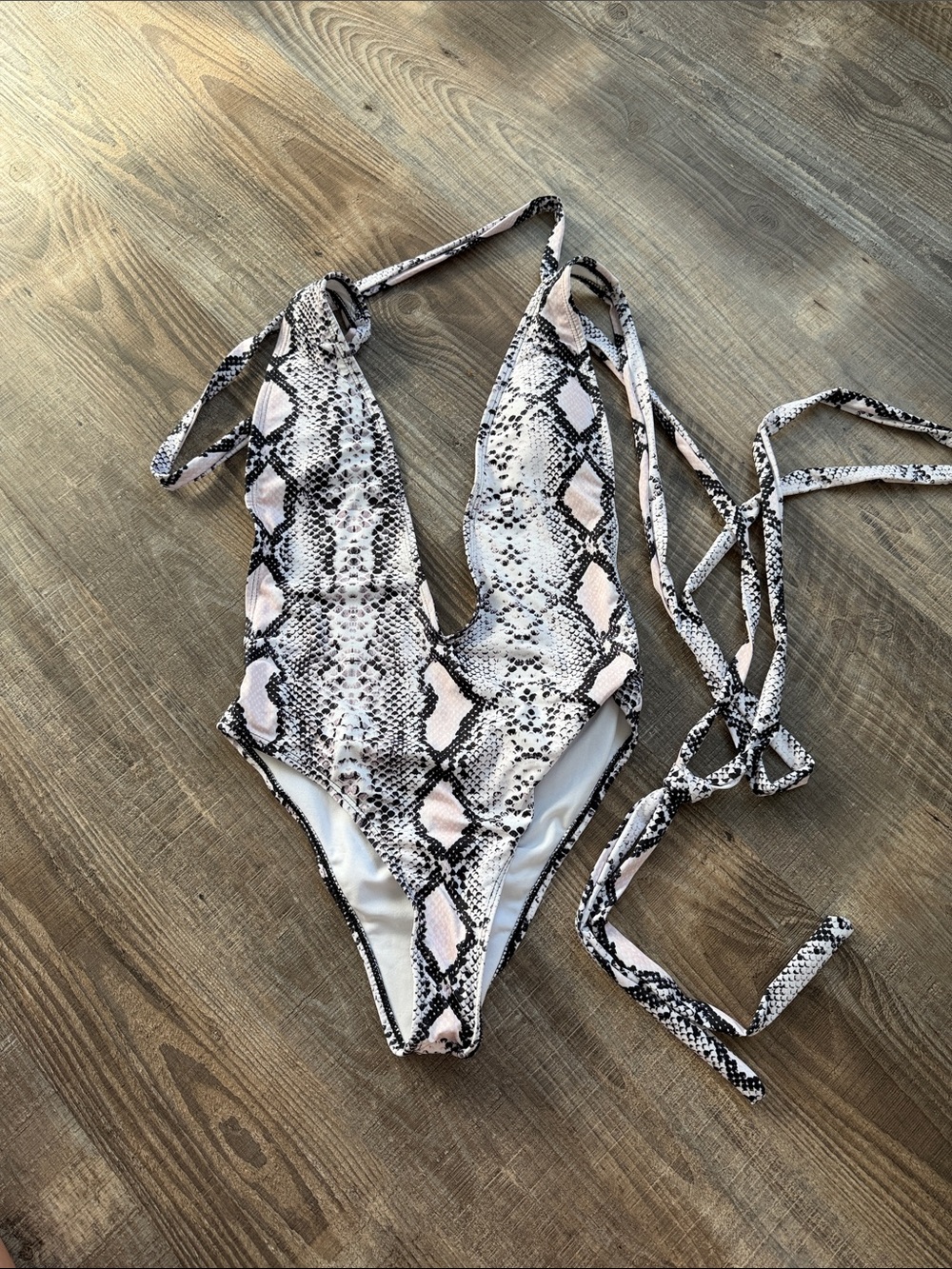 Snake Print One-Piece Swimsuit in Black, White & Pale Pink